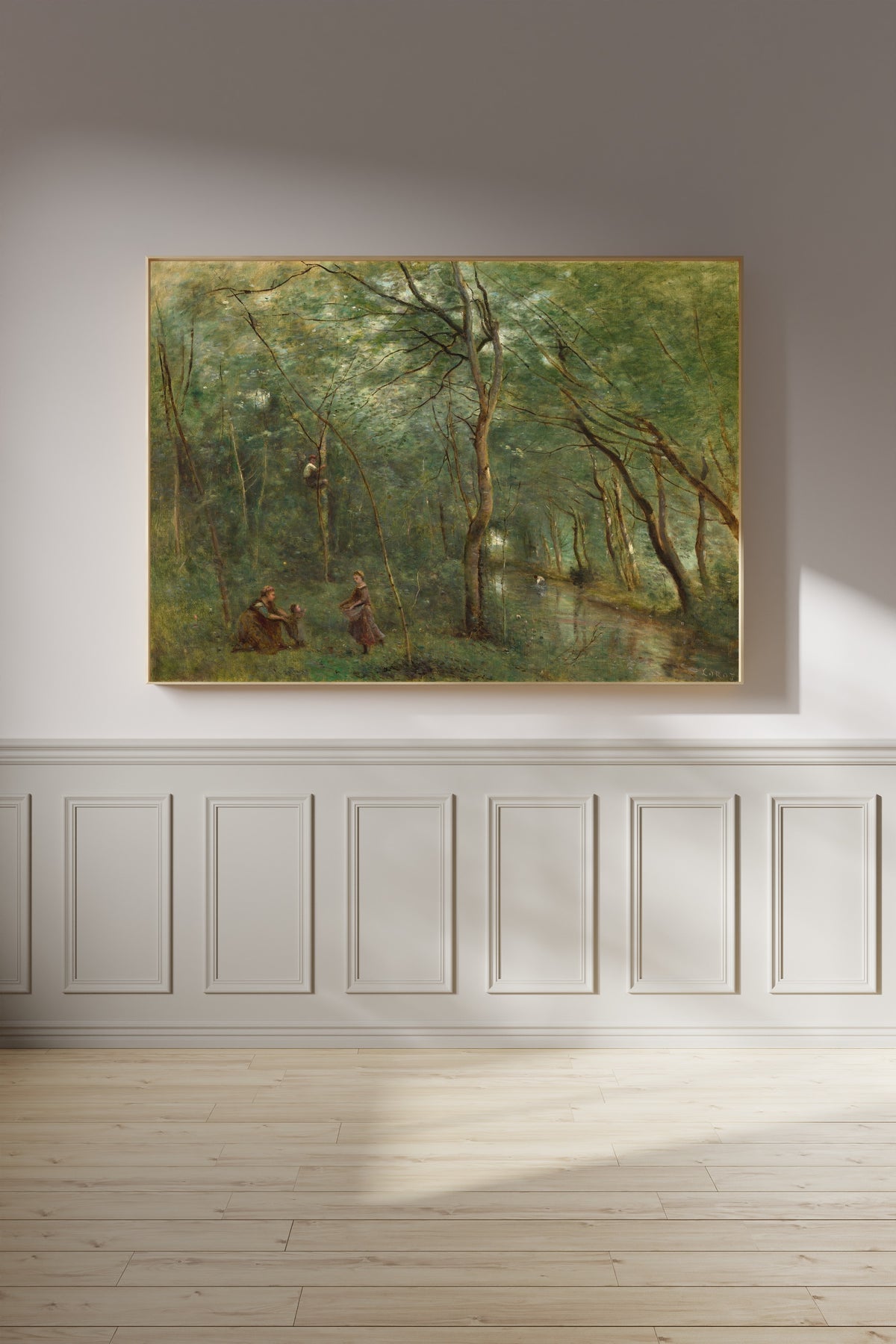 The Eel Gatherers by Jean-Baptiste-Camille Corot — framed on a panelled wall in afternoon light