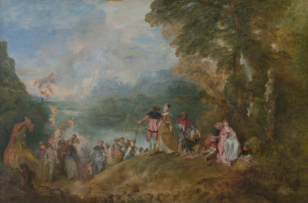The Embarkation for Cythera by Jean-Antoine Watteau — Silk-clad couples on a wooded rise above a misty lake
