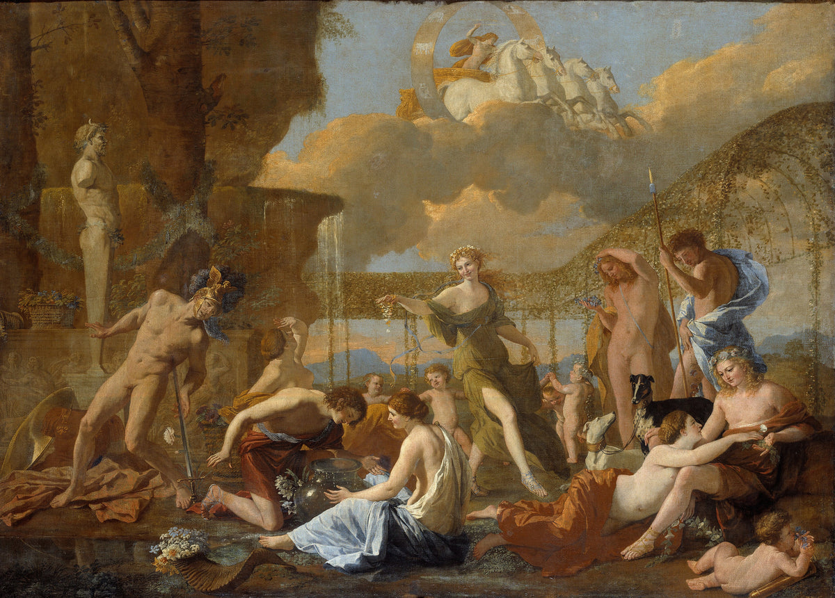 The Empire of Flora by Nicolas Poussin — A flower-crowned dancer at the centre of a garden full of figures