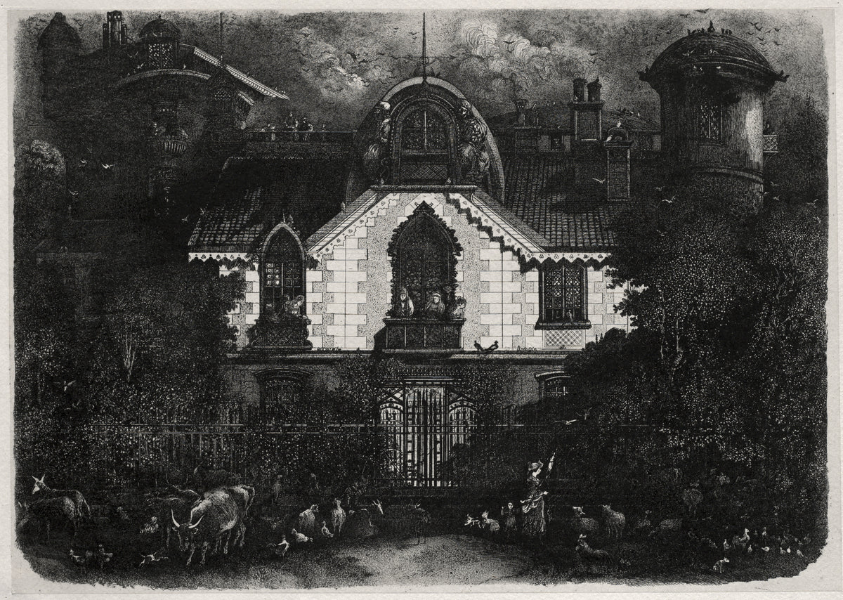 The Enchanted House by Rodolphe Bresdin — A dark manor glows behind its gates as a herd crowds the path outside