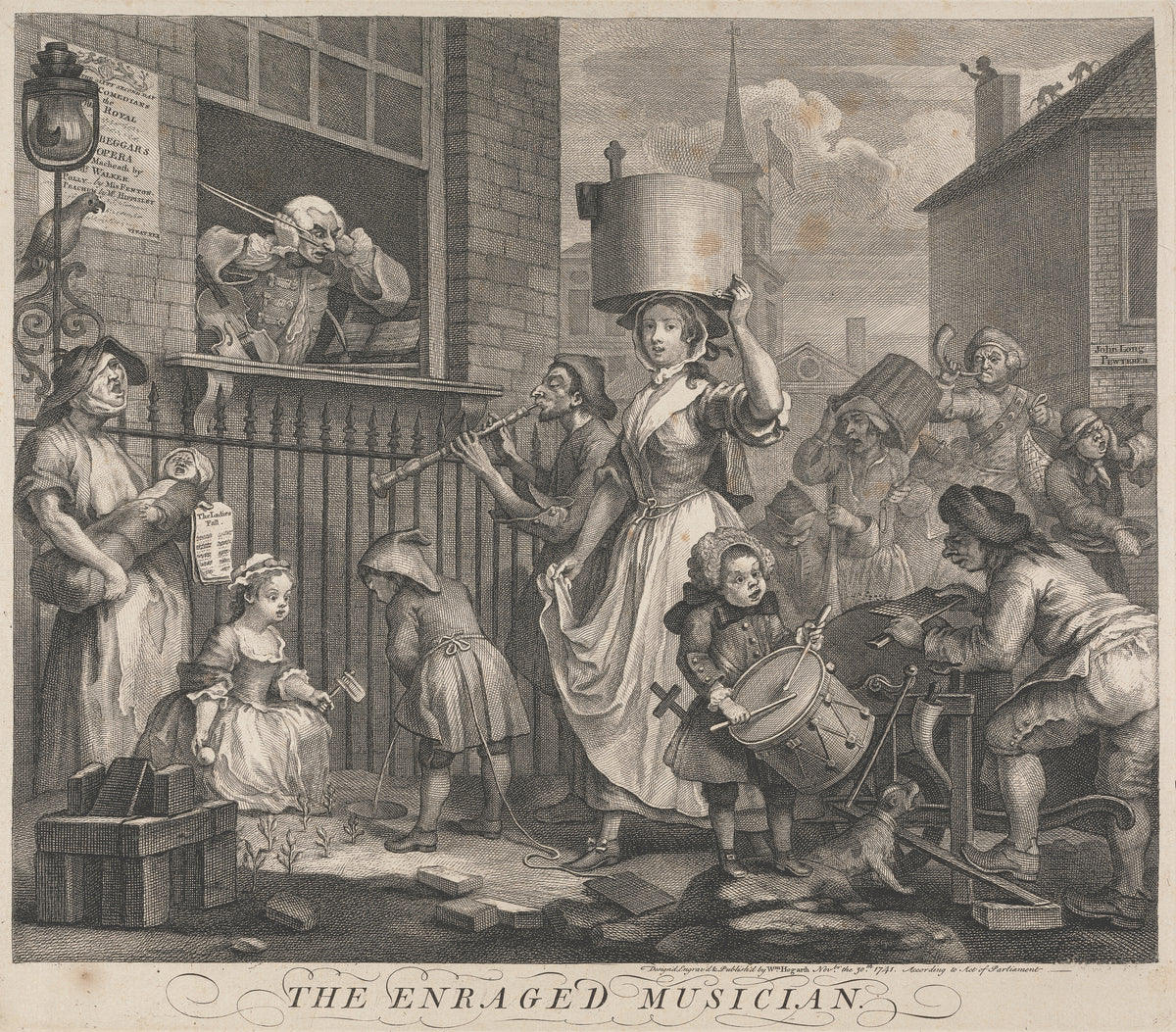 The Enraged Musician by William Hogarth — A violinist at a window covers his ears against the street din
