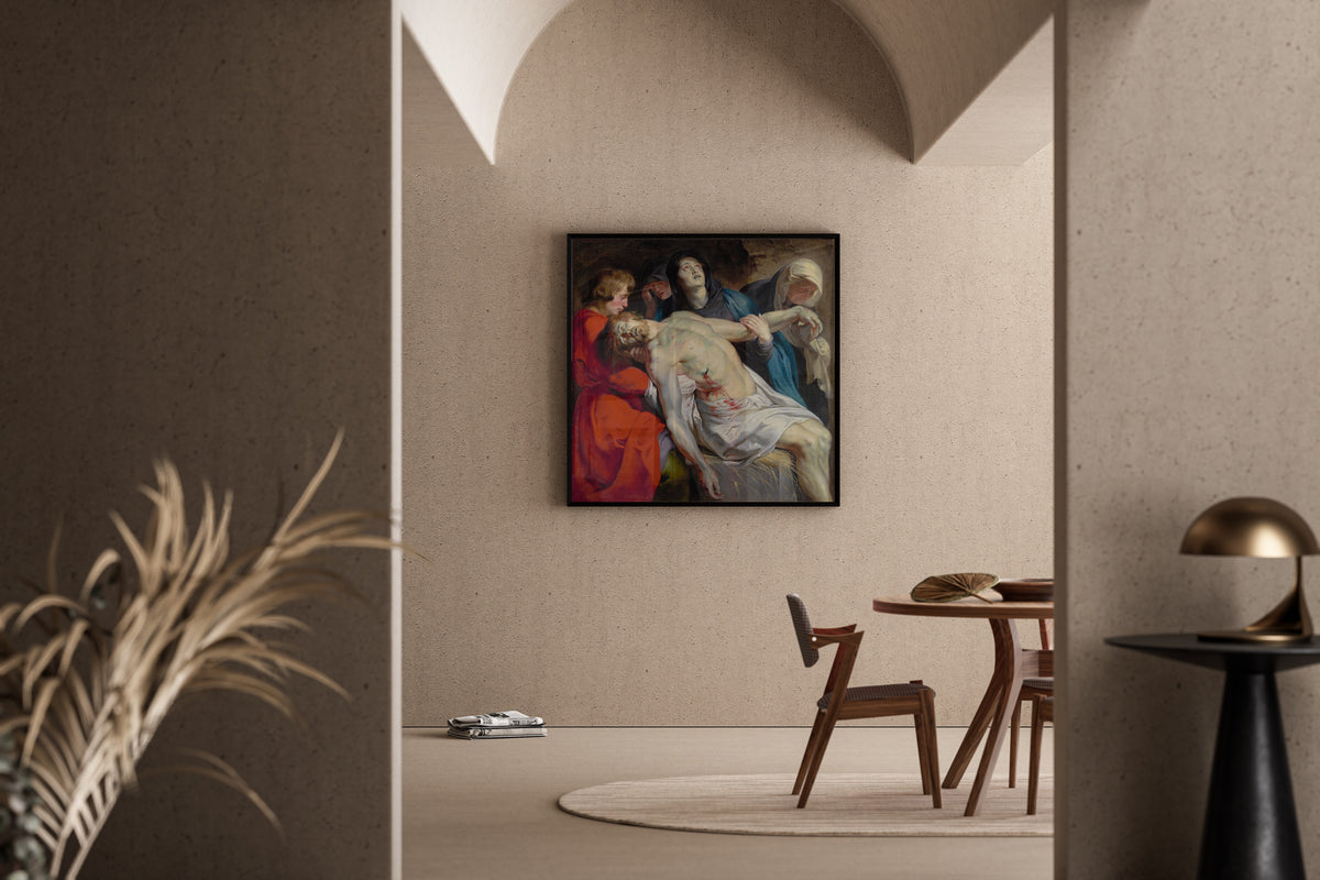 Framed art print of The Entombment by Peter Paul Rubens, in a sunlit dining corner