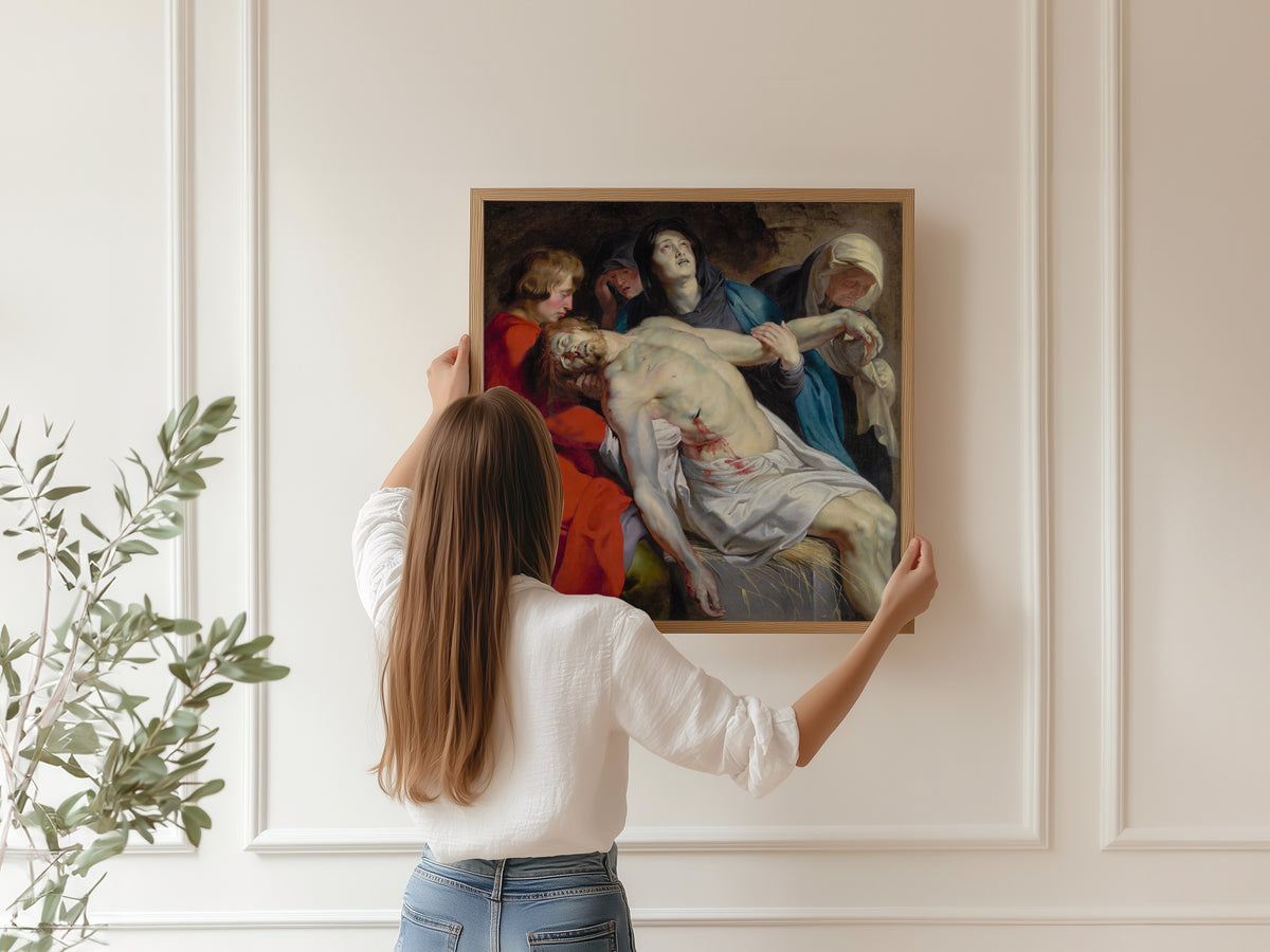 Framed art print of The Entombment by Peter Paul Rubens, hung on a panelled wall