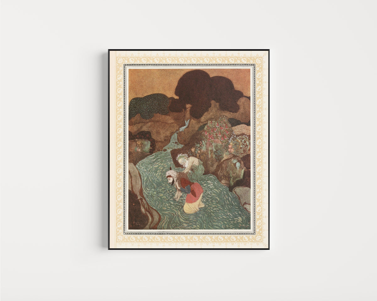 Framed art print of The Episode of the Old Man of the Sea by Edmund Dulac, in a slim black frame on a plain white wall