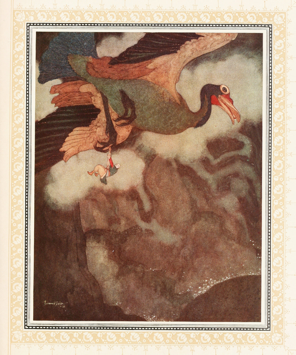 The Episode of the Rokh by Edmund Dulac — A giant bird carries a tiny man over clouds and rock