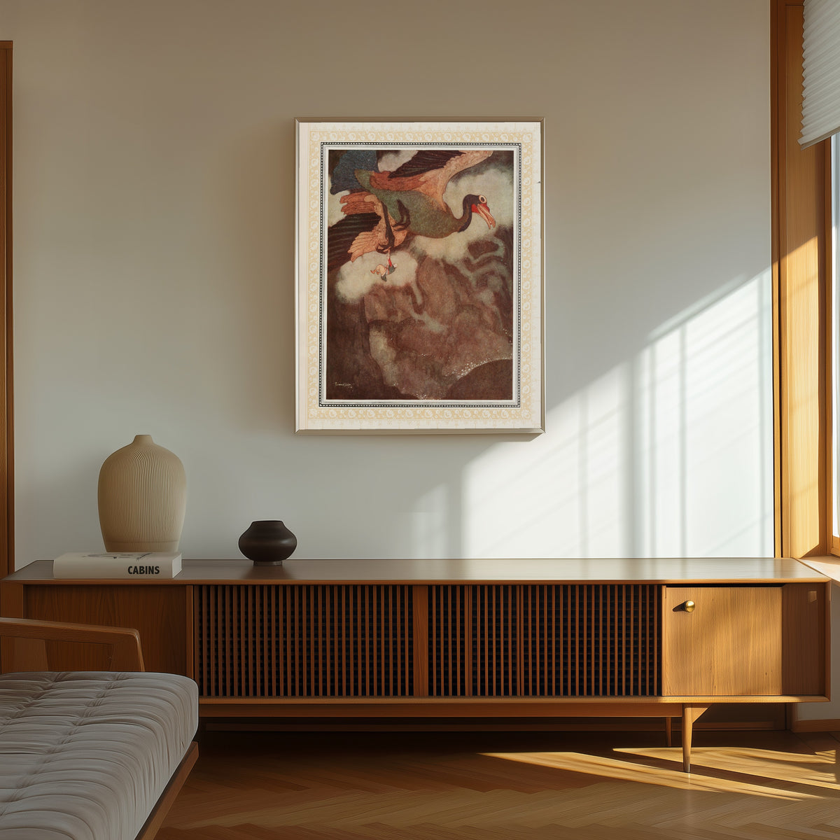 Framed art print of The Episode of the Rokh by Edmund Dulac, in a thin light frame on a sunlit wall above a wooden sideboard