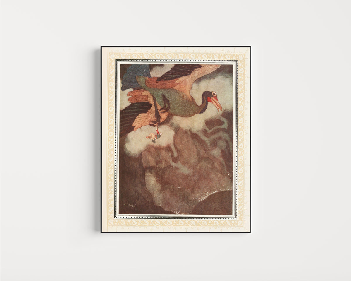 Framed art print of The Episode of the Rokh by Edmund Dulac, in a slim black frame on a plain white wall