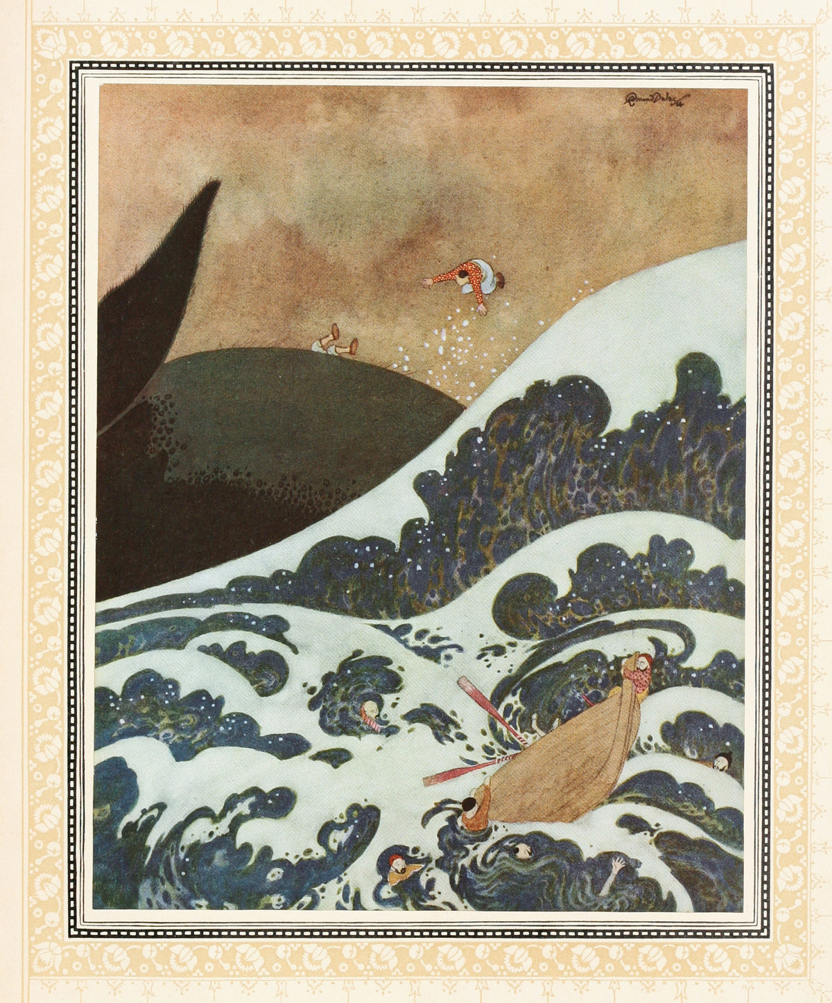The Episode of the Whale by Edmund Dulac — A rowing boat tossed in white-crested waves beside a whale