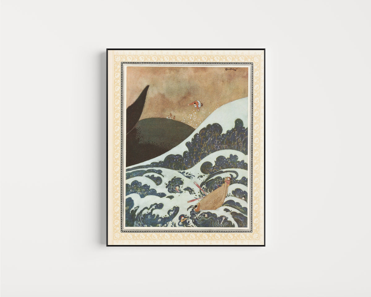 Framed art print of The Episode of the Whale by Edmund Dulac, in a slim black frame on a plain white wall