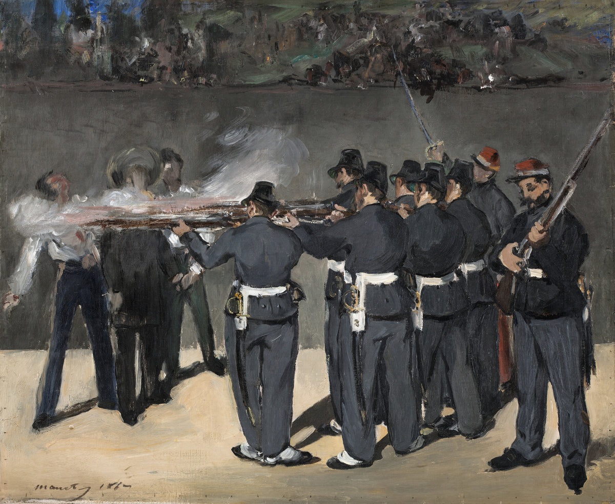 The Execution of Emperor Maximilian by Édouard Manet — A firing squad in grey uniforms fires through white smoke
