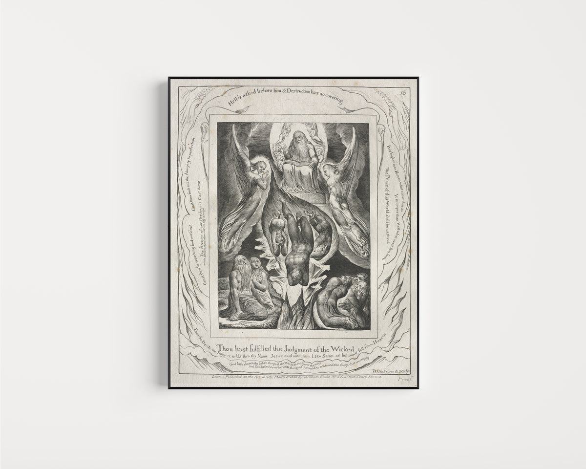 Framed art print of The Fall of Satan (Book of Job, Plate 16) by William Blake, in a slim black frame on a plain white wall