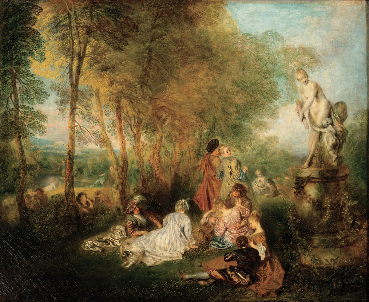 The Feast of Love by Jean-Antoine Watteau — Couples lounge in a sunlit grove near a statue of Venus