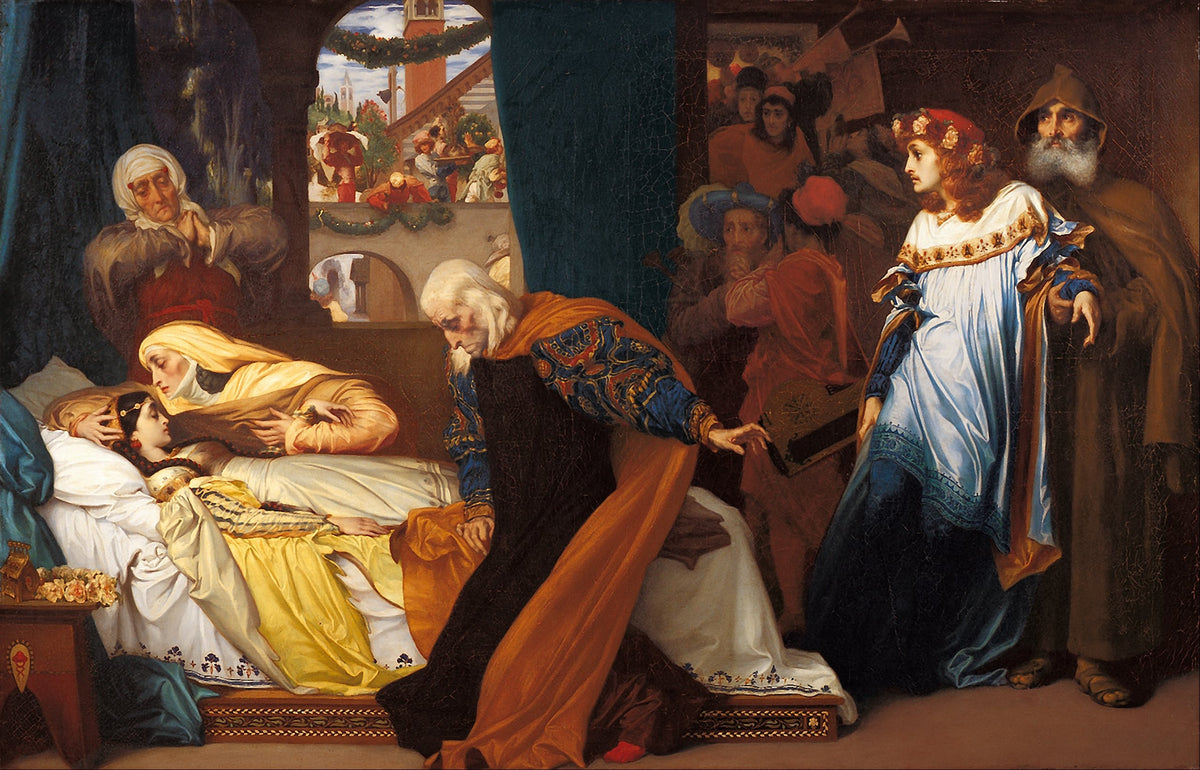 The Feigned Death of Juliet by Frederic Leighton — Mourners gather at Juliet's bed as an old man reaches toward her