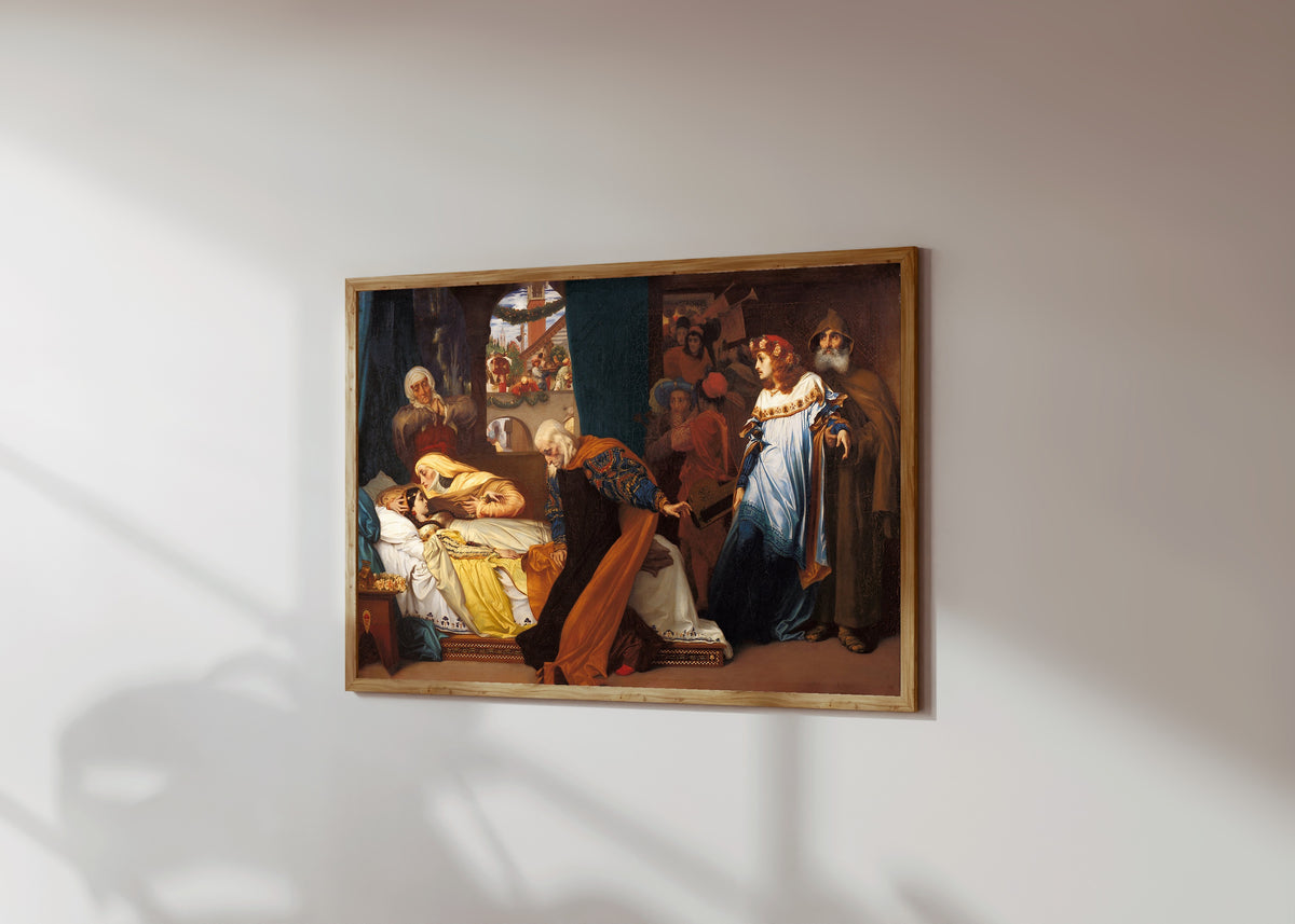 Framed art print of The Feigned Death of Juliet by Frederic Leighton, in a light wood frame on a sunlit white wall, seen at a slight angle