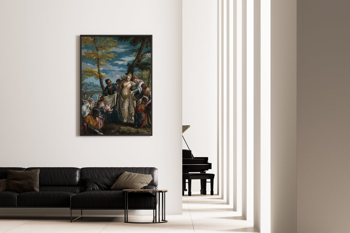 Framed art print of The Finding of Moses by Paolo Veronese, on the wall of a minimal living room