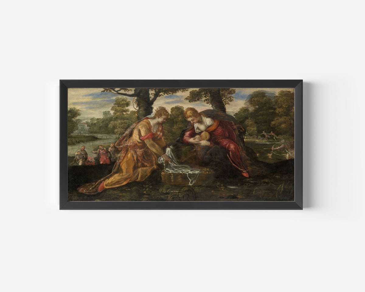 Framed art print of The Finding of Moses by Tintoretto, in a wide black frame on a plain white wall