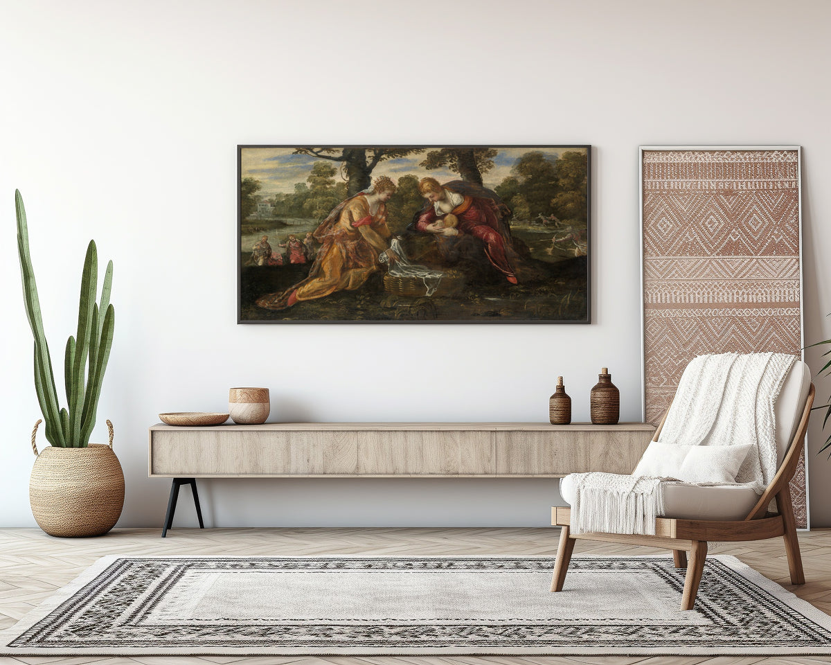 Framed art print of The Finding of Moses by Tintoretto, above a sideboard in a living room