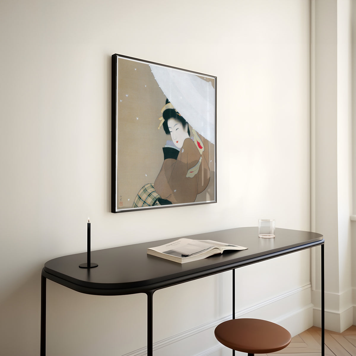 The First Snow of the Year by Uemura Shōen — shown framed on a wall