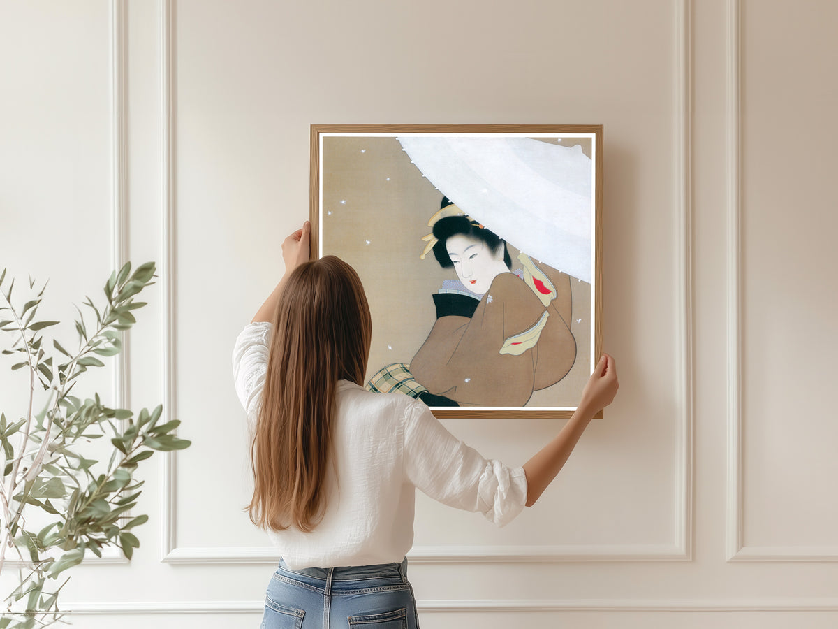 The First Snow of the Year by Uemura Shōen — shown framed on a wall