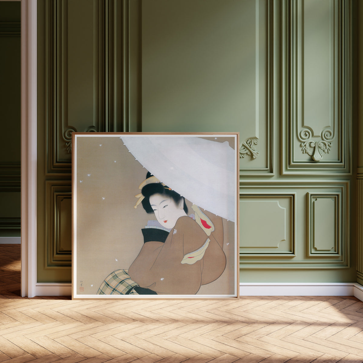 The First Snow of the Year by Uemura Shōen — shown framed on a wall