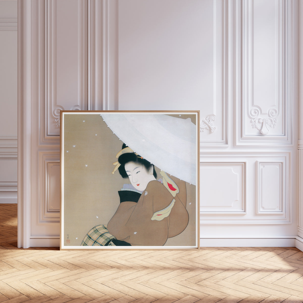 The First Snow of the Year by Uemura Shōen — shown framed on a wall