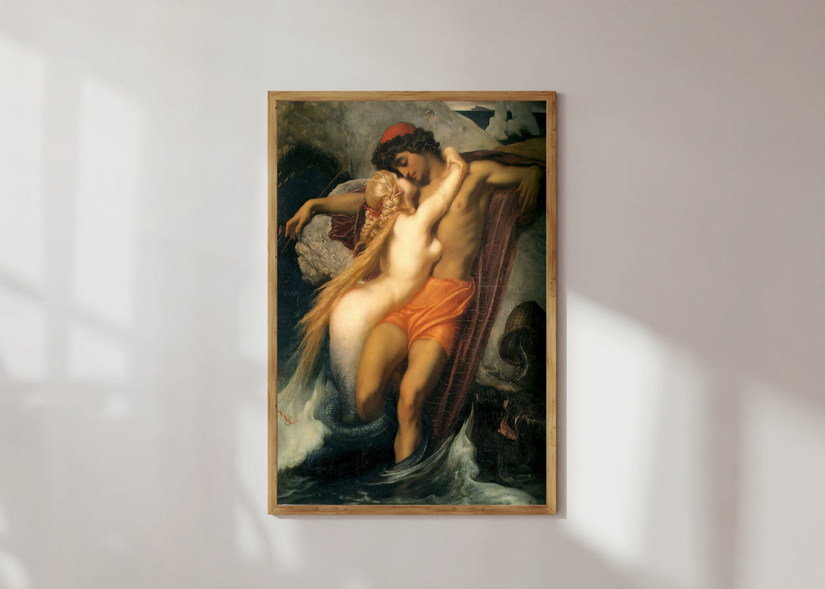 Framed art print of The Fisherman and the Syren by Frederic Leighton, in a light wood frame on a sunlit white wall