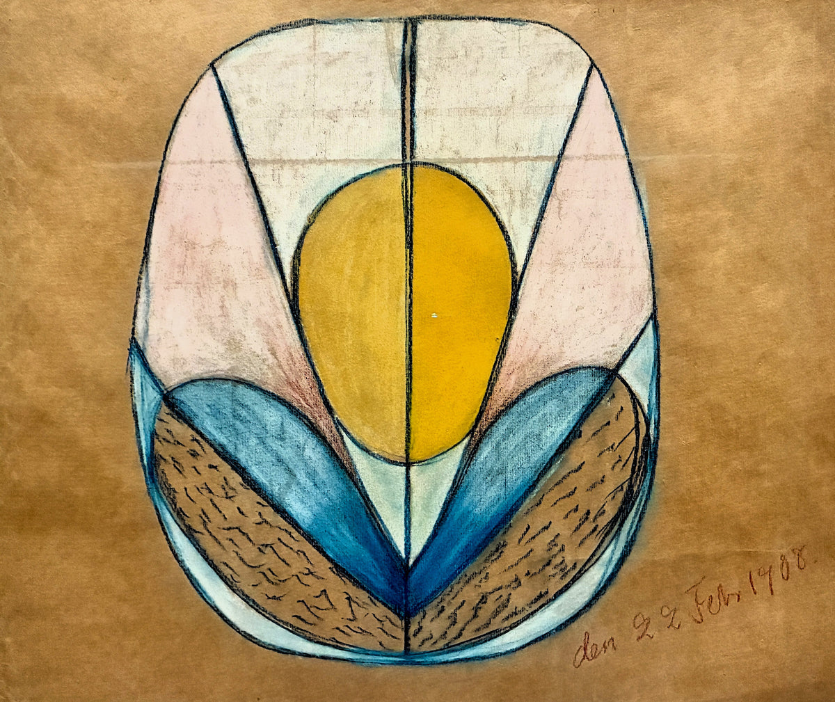 The Five, No Title by Hilma af Klint — A yellow oval rises from blue petals inside a rounded pastel frame