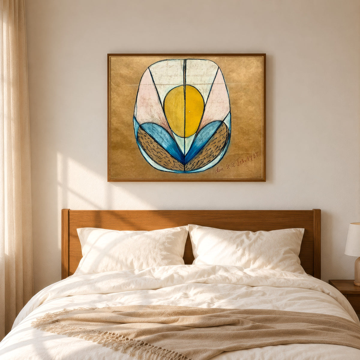 Framed art print of The Five, No Title by Hilma af Klint, in a slim wood frame above a bed in a sunlit bedroom