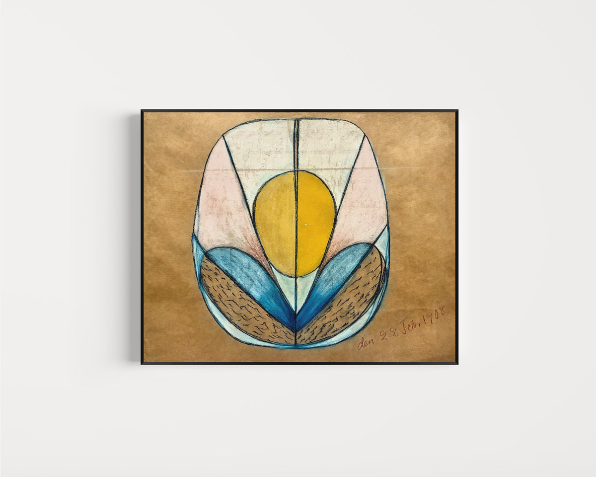 Framed art print of The Five, No Title by Hilma af Klint, in a slim black frame on a plain white wall