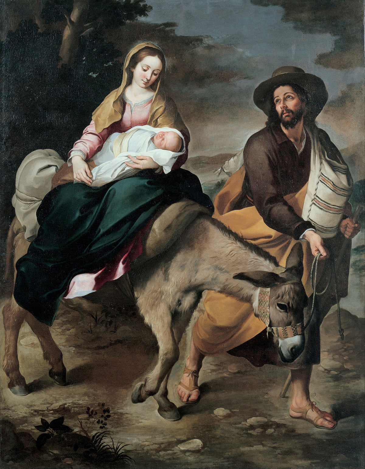 The Flight into Egypt by Bartolomé Esteban Murillo — A mother holds her sleeping swaddled child as a man leads the donkey