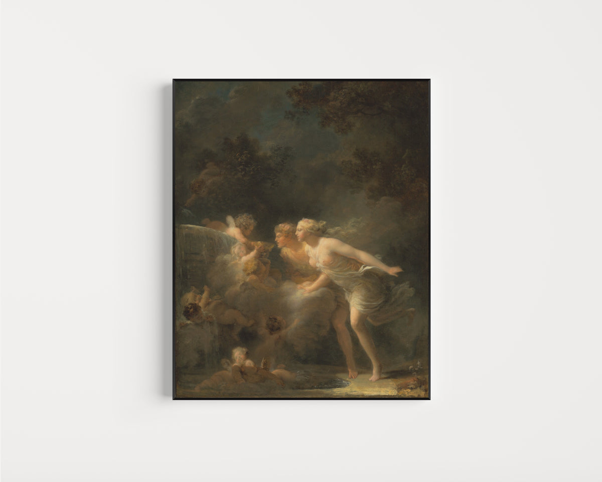Framed art print of The Fountain of Love by Jean-Honoré Fragonard, in a slim black frame on a plain white wall