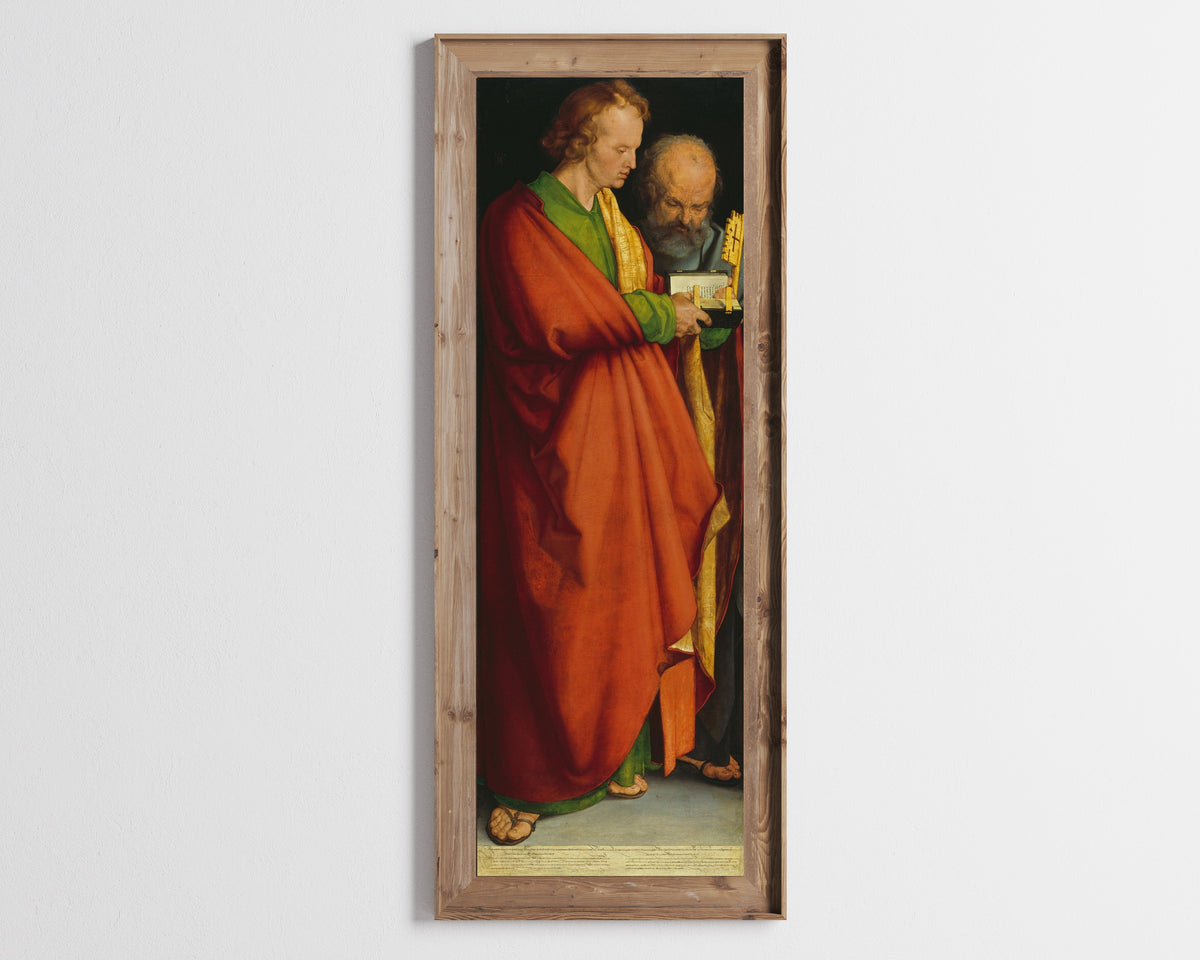 Framed art print of The Four Apostles: St John and St Peter by Albrecht Dürer, in a tall wooden frame on a pale wall