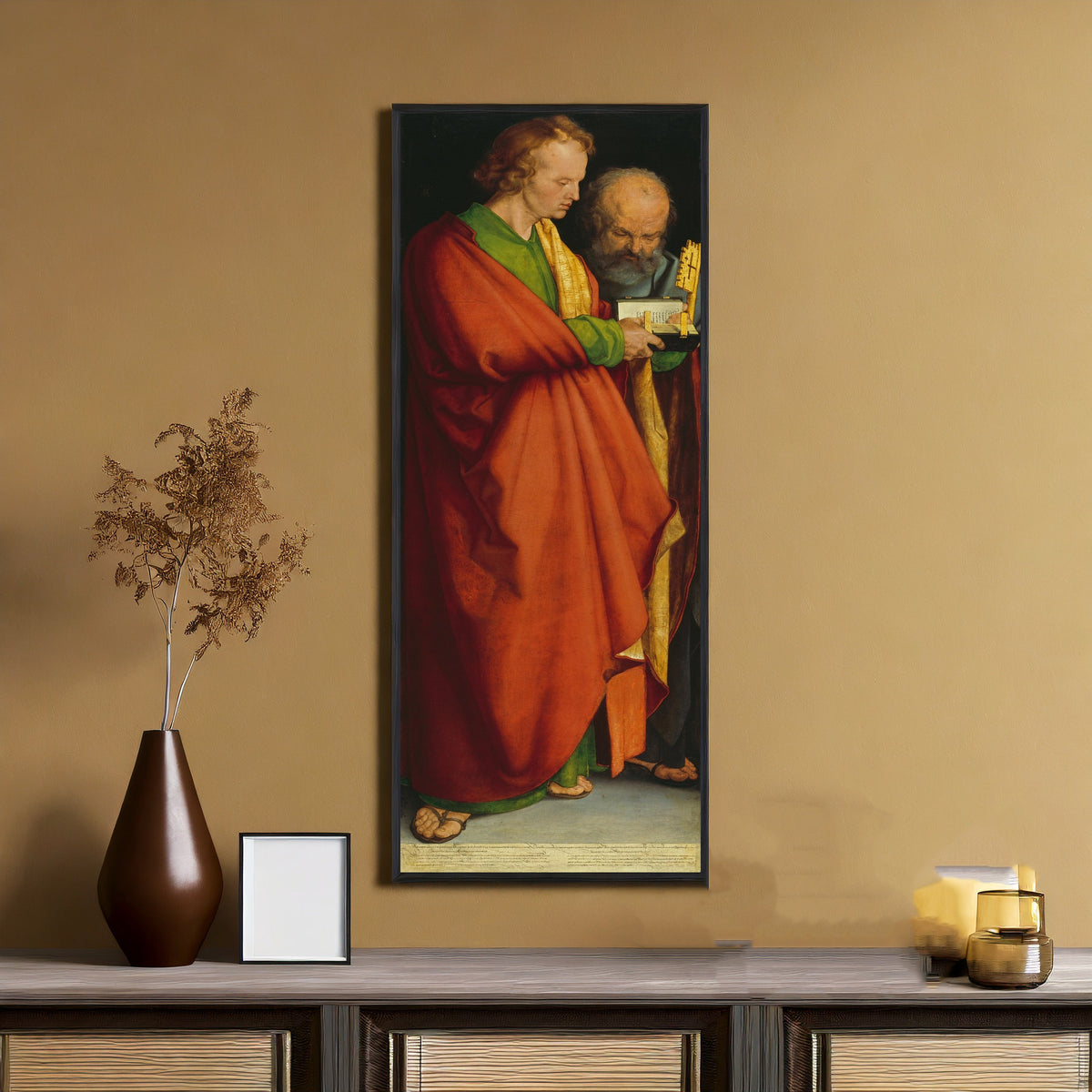 Framed art print of The Four Apostles: St John and St Peter by Albrecht Dürer, on an ochre wall above a console table