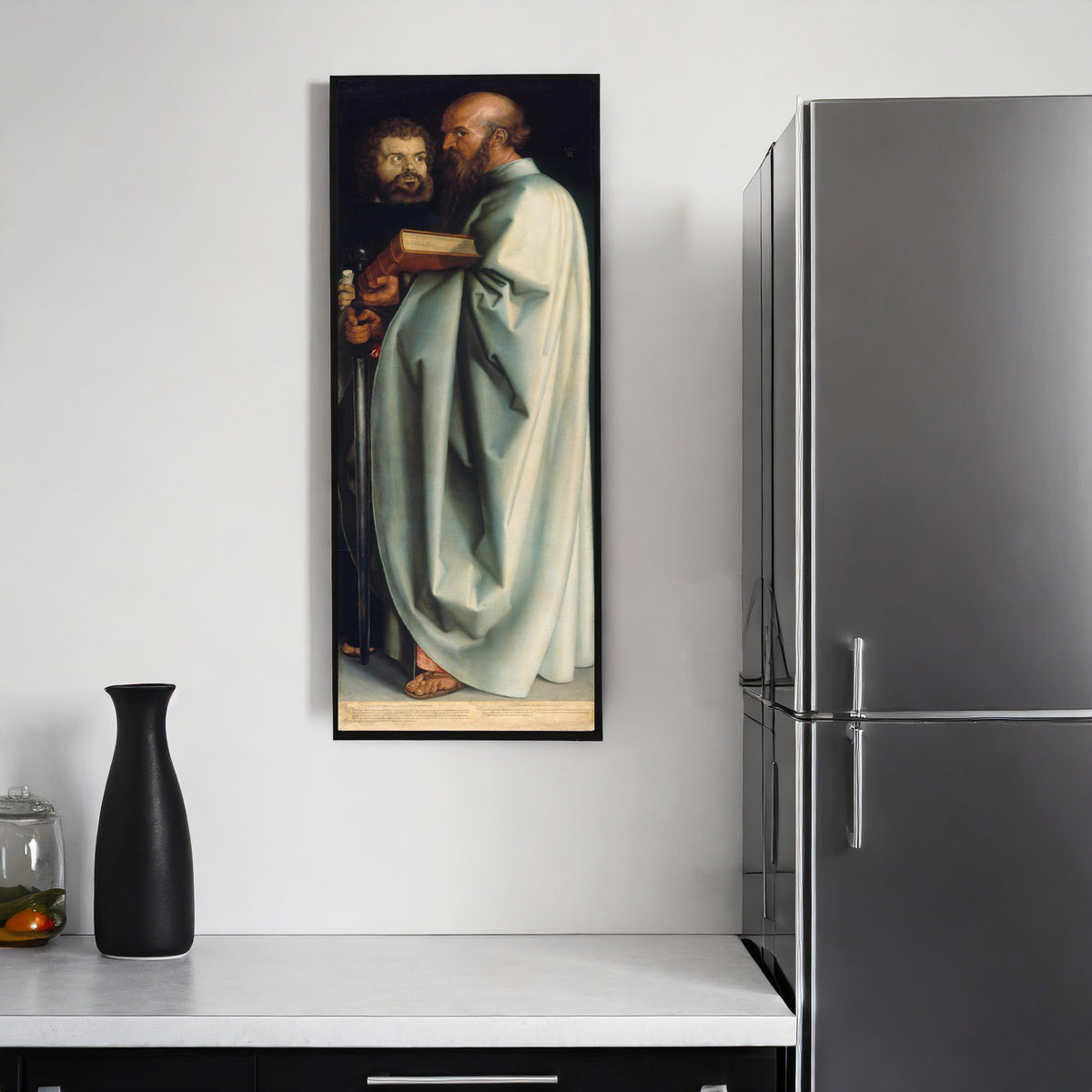 Framed art print of The Four Apostles: St Mark and St Paul by Albrecht Dürer, on a kitchen wall