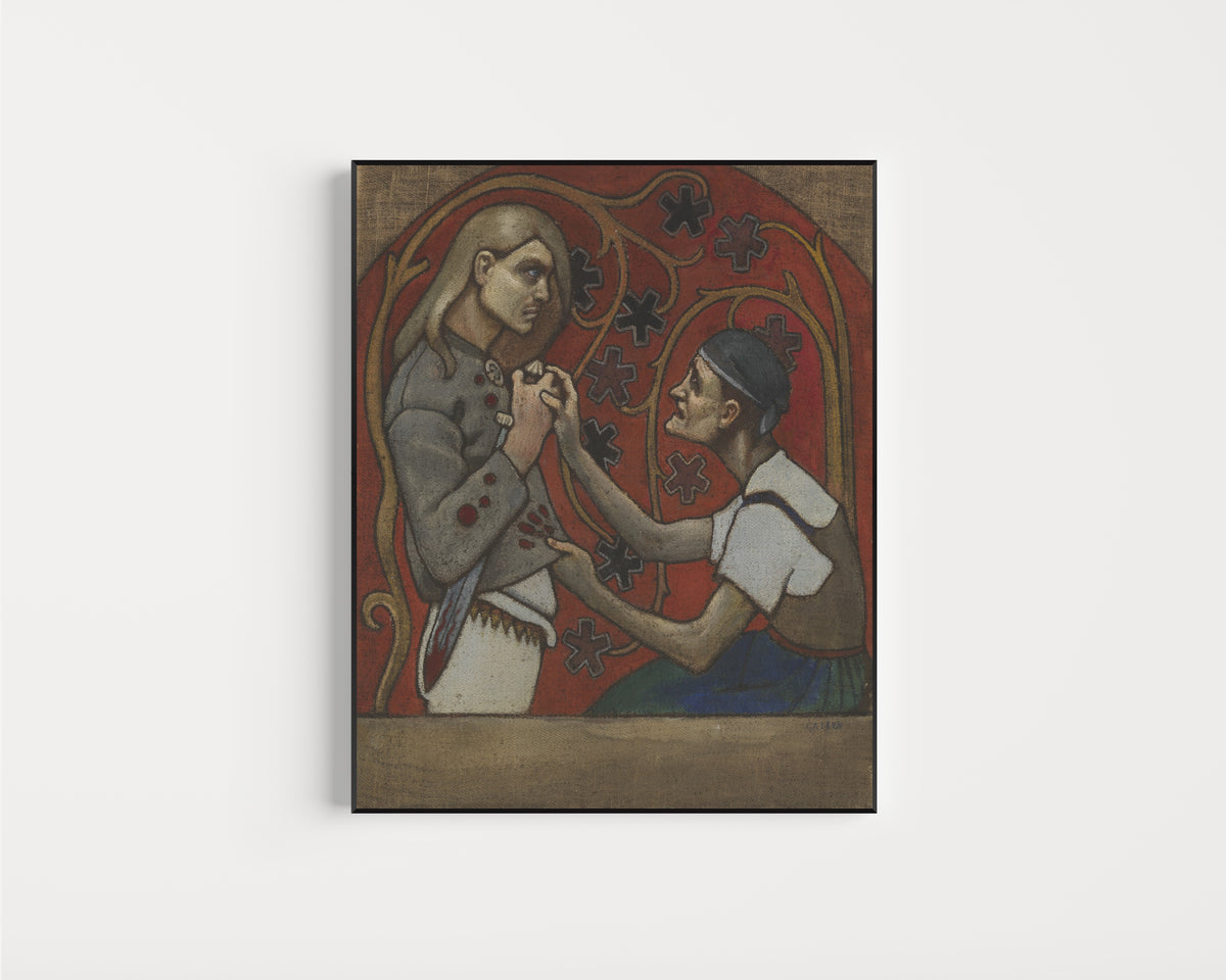 Framed art print of The Fratricide by Akseli Gallen-Kallela, in a slim black frame on a plain white wall