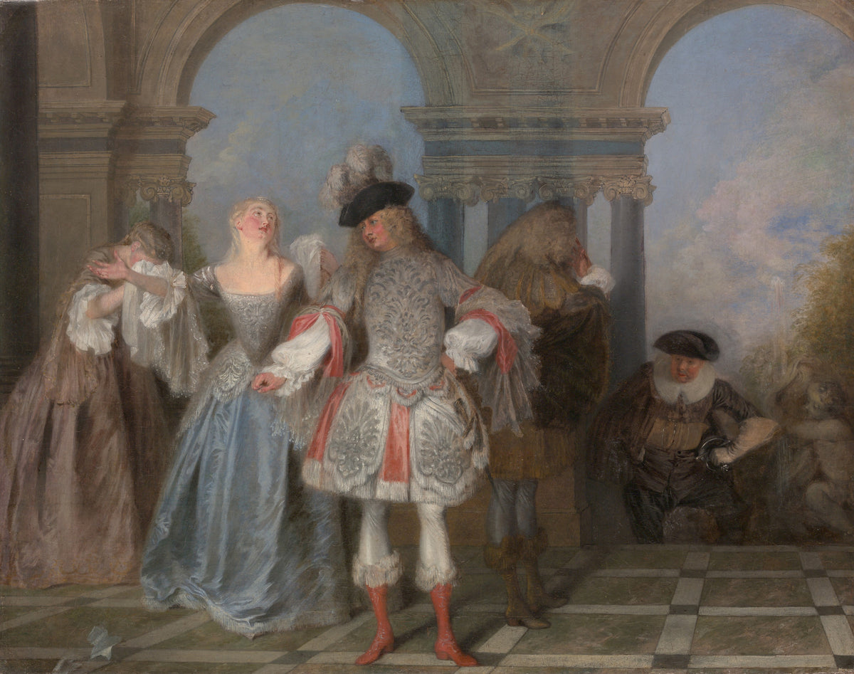 The French Comedians by Jean-Antoine Watteau — Actors in silver and blue strike poses beneath stone arches