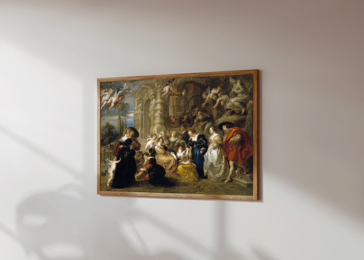 Framed art print of The Garden of Love by Peter Paul Rubens, in a light wood frame on a sunlit white wall, seen at a slight angle