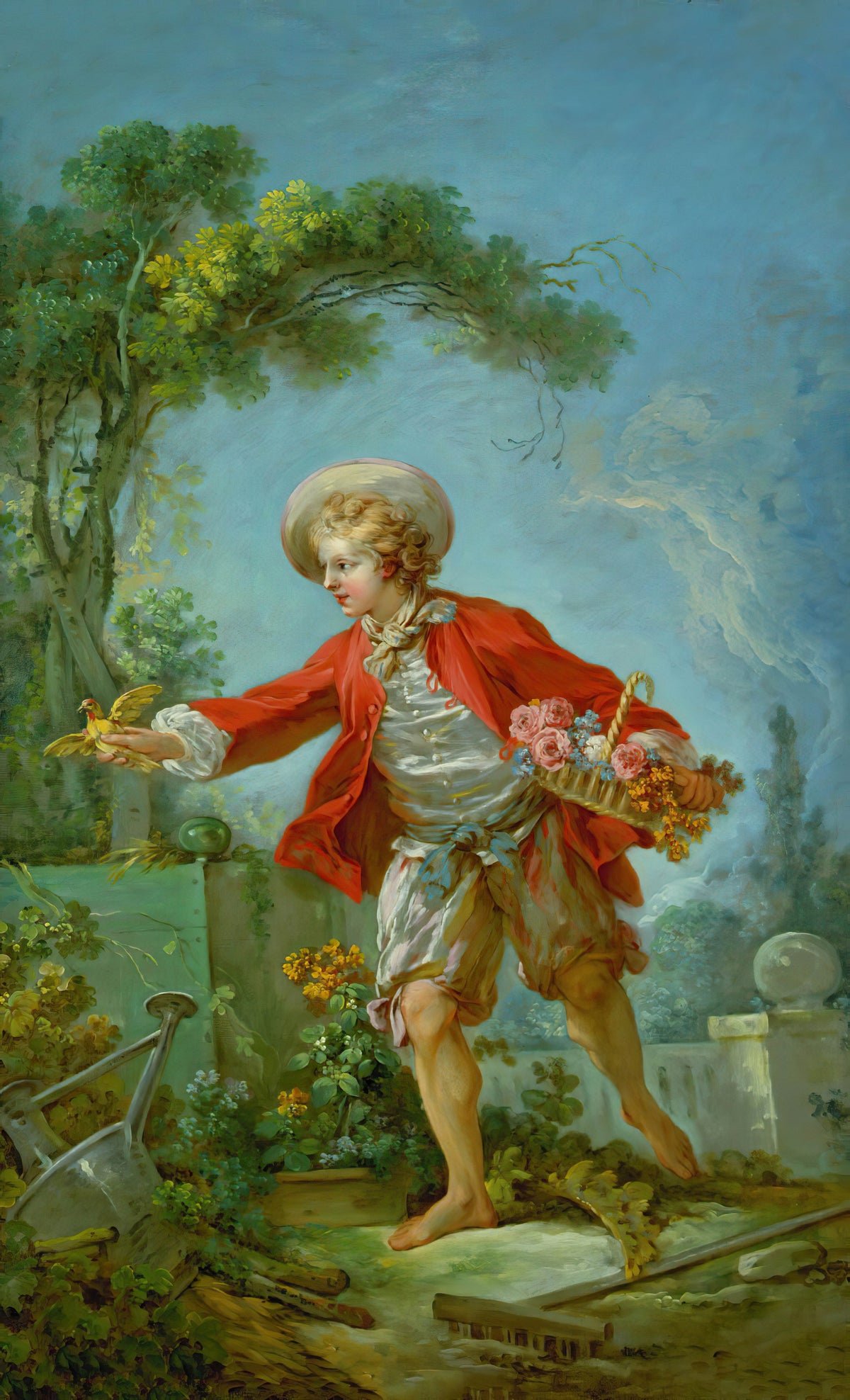 The Gardener by Jean-Honoré Fragonard — A barefoot gardener in red offers his hand to a yellow bird