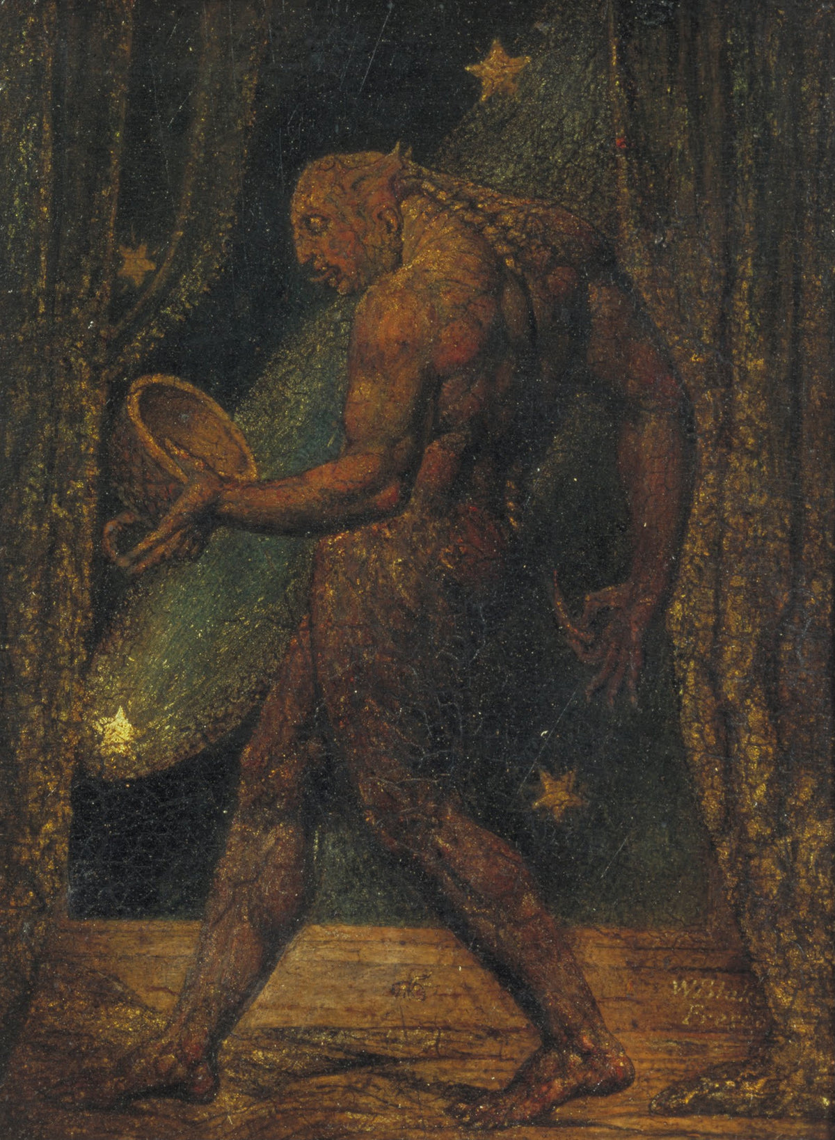 The Ghost of a Flea by William Blake — A scaly spectre with a bowl strides between gold-flecked curtains