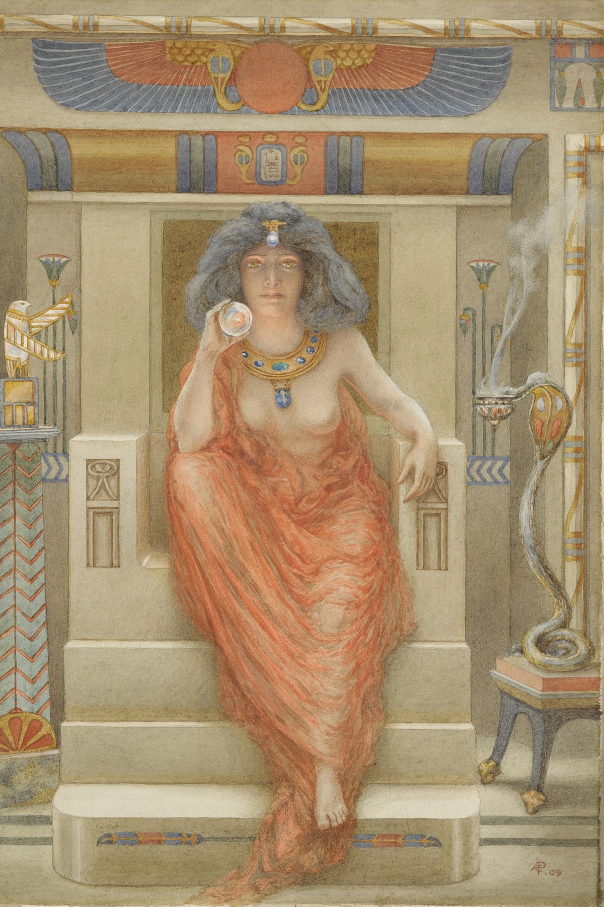 The Goddess Isis by Armand Point — A goddess on a stone throne holds a crystal sphere under a winged sun