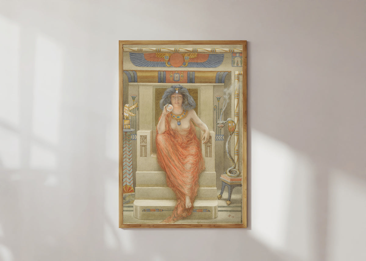 Framed art print of The Goddess Isis by Armand Point, in a light wood frame on a sunlit white wall