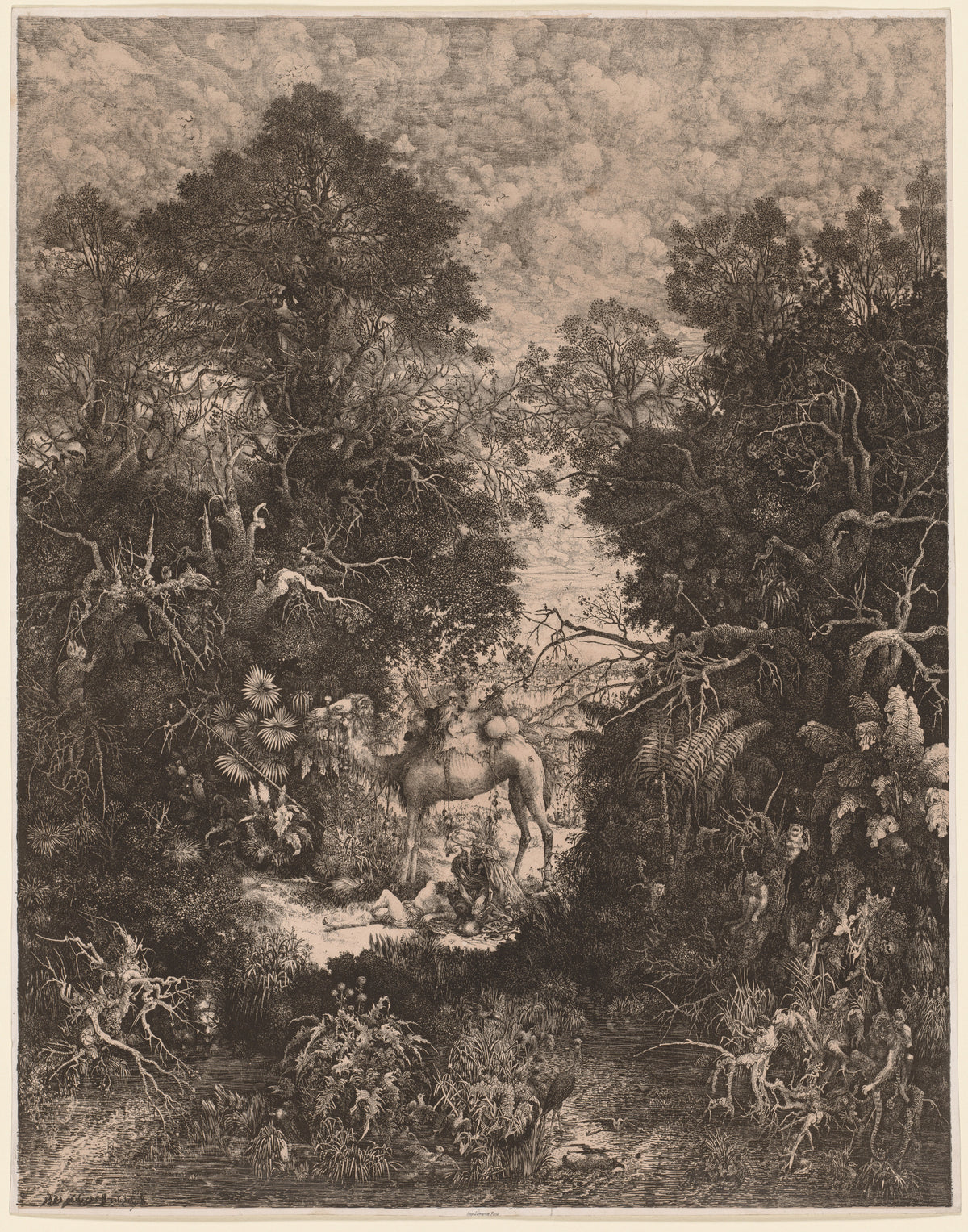 The Good Samaritan by Rodolphe Bresdin — A camel waits in a teeming jungle as a traveller tends a wounded man