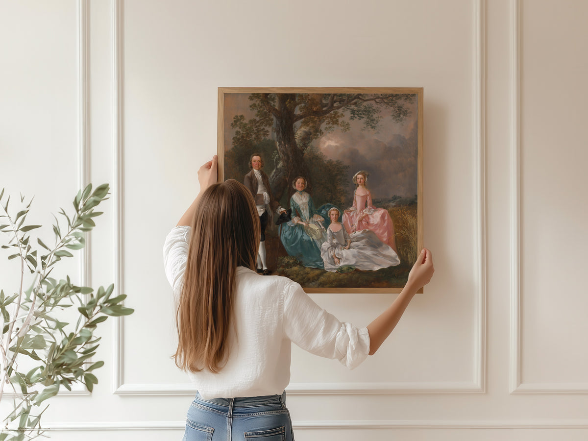 Framed art print of The Gravenor Family by Thomas Gainsborough, hung on a panelled wall