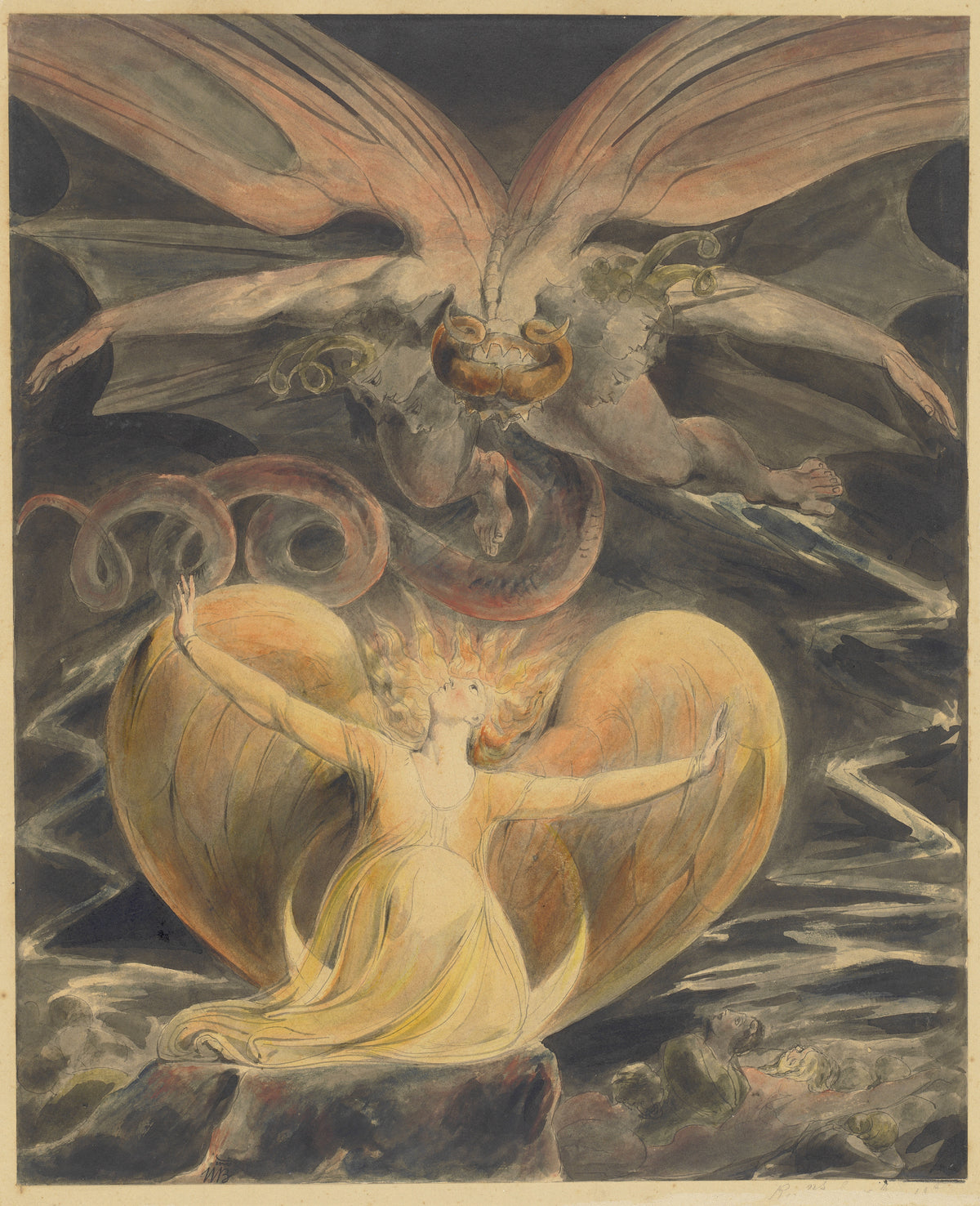 The Great Red Dragon and the Woman Clothed with the Sun by William Blake — A winged dragon looms over a kneeling woman with flaming hair