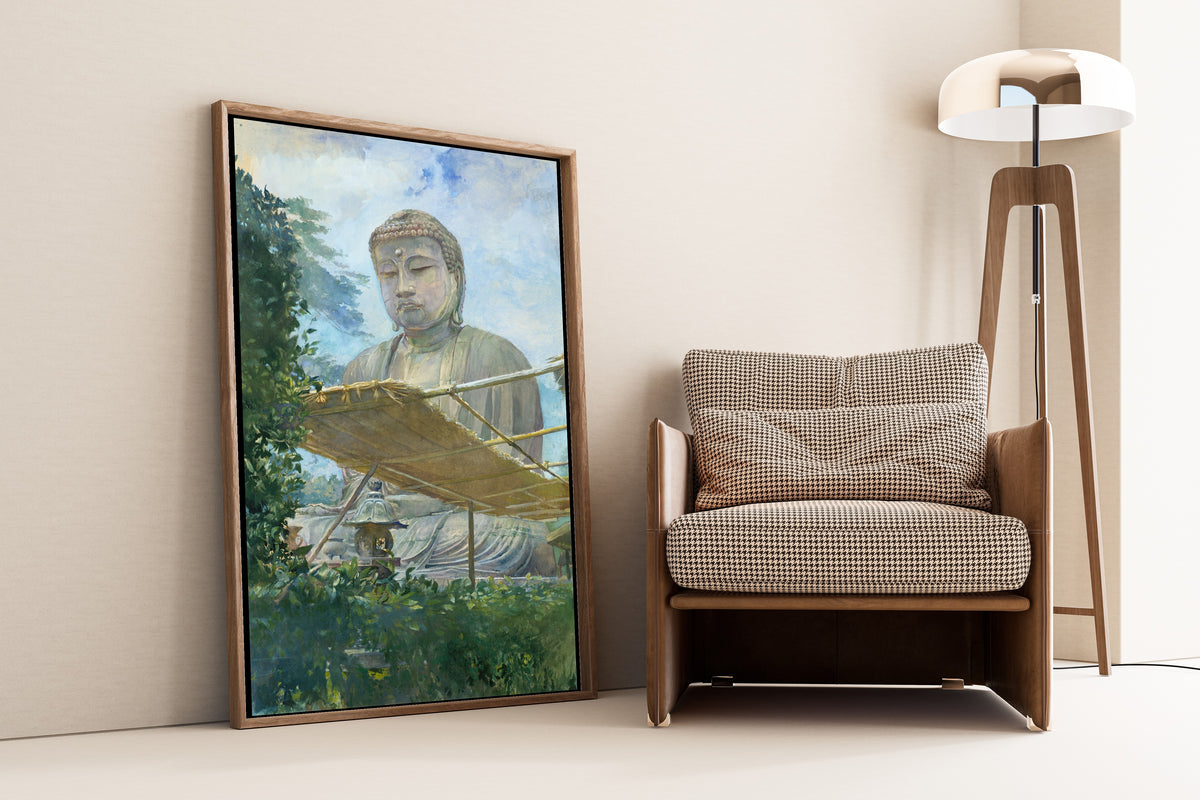 The Great Statue of Amida Buddha at Kamakura by John La Farge — framed and leaning against a wall beside an armchair and a floor lamp