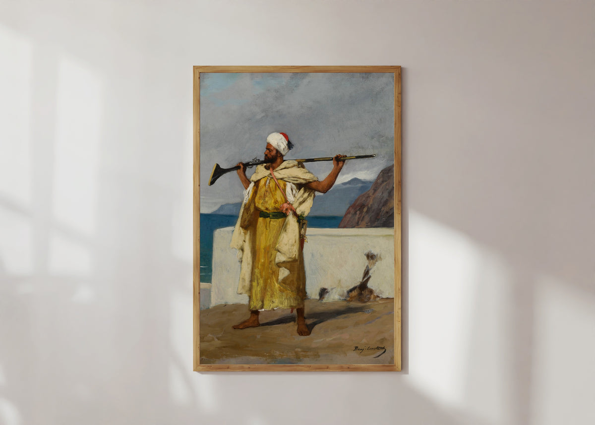 Framed art print of The Guard by Jean-Joseph Benjamin-Constant, in a light wood frame on a sunlit white wall