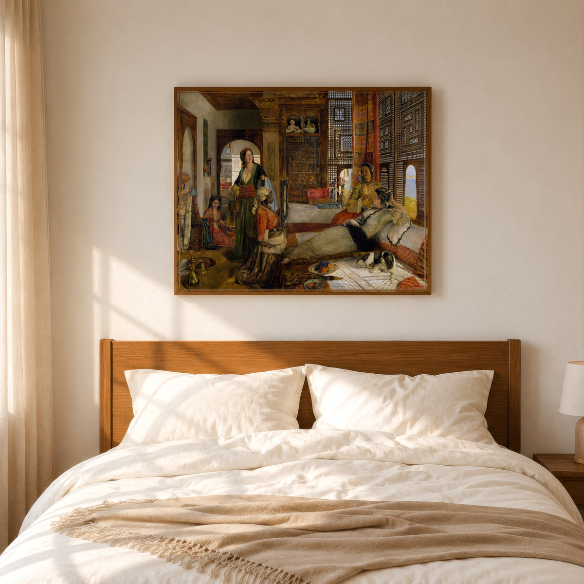 Framed art print of The Harem by John Frederick Lewis, in a slim wood frame above a bed in a sunlit bedroom