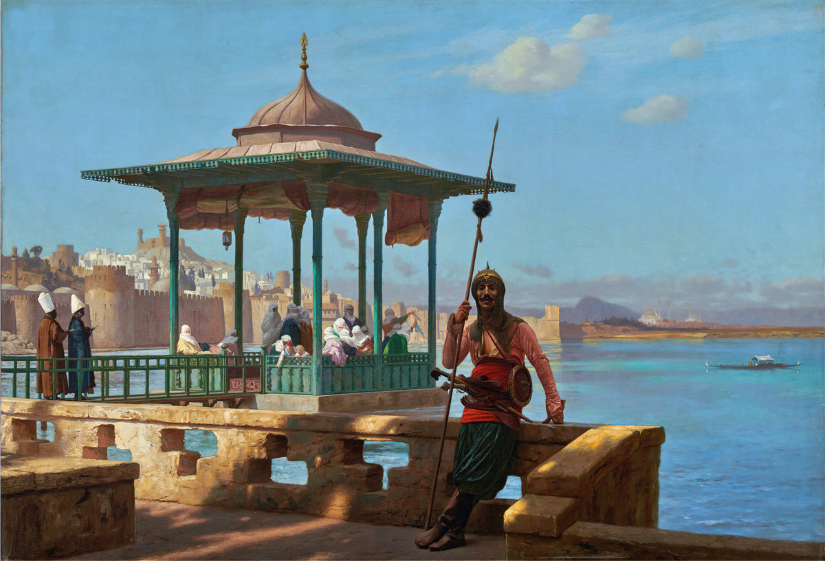 The Harem in the Kiosk by Jean-Léon Gérôme — A guard leans on a sunlit parapet beside a pavilion over blue water