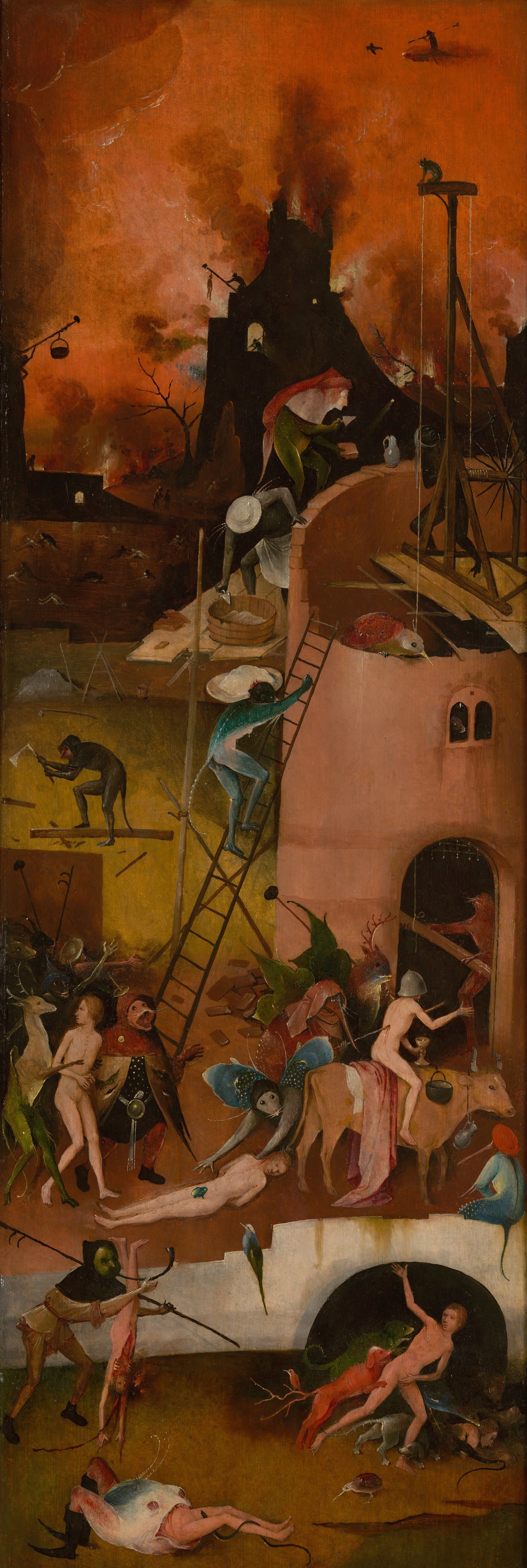 The Haywain Triptych - Hell (right wing) by Hieronymus Bosch — Demons build a tower as hell burns red above the damned