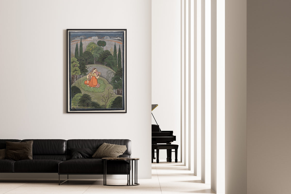 Framed art print of The Heroine Who Waits Anxiously for Her Absent Lover: Utka Nayika by Pahari school, on the wall of a minimal living room